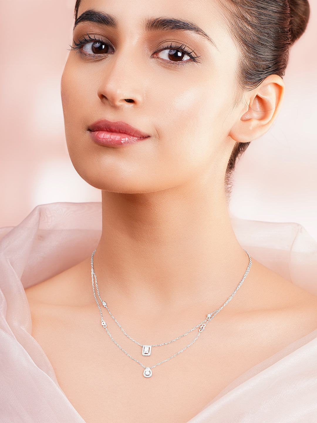 925 Fine Silver Rhodium Plated Cubic Tear Drop Layered Necklace フリーサイズ