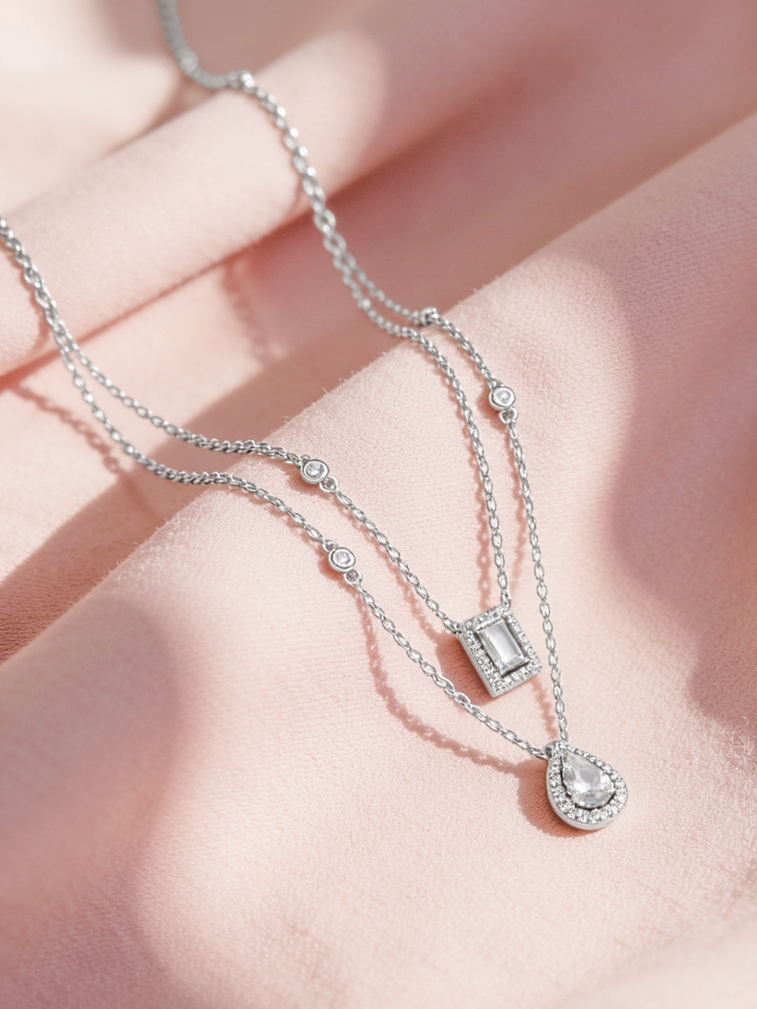925 Fine Silver Rhodium Plated Cubic Tear Drop Layered Necklace フリーサイズ
