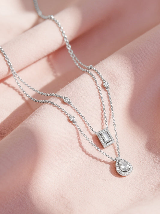 925 Fine Silver Rhodium Plated Cubic Tear Drop Layered Necklace フリーサイズ