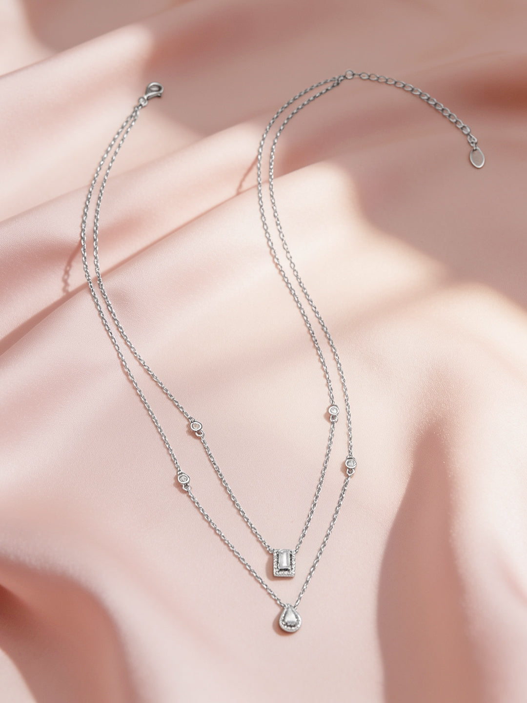 925 Fine Silver Rhodium Plated Cubic Tear Drop Layered Necklace フリーサイズ