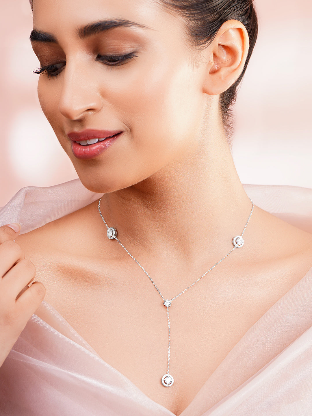 925 Fine Silver Rhodium Plated Round Charm Necklace フリーサイズ