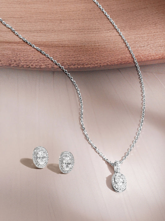 925 Fine Silver Cubic Zirconia Classic Oval Pendant Necklace Set フリーサイズ