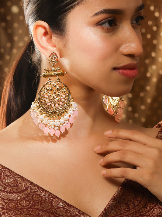 【Rubans】 18K Antique Gold-Plated Big Chandbali Earrings with Pearl & Pink Bead Accents｜18K アンティークゴールドメッキ ビッグ チャンドバリ イヤリング パール＆ピンクビーズ