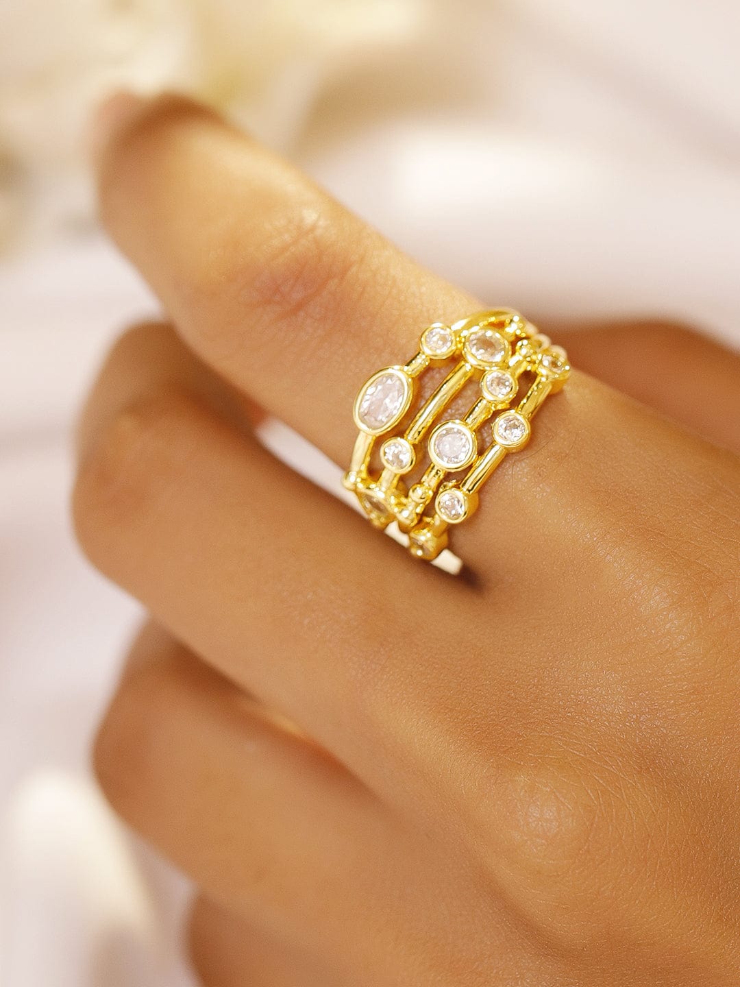 【Rubans】 Gold Ring in American Diamond Zirconia｜ゴールド アメリカンダイヤモンド ジルコニア マルチバンド アジャスタブルリング