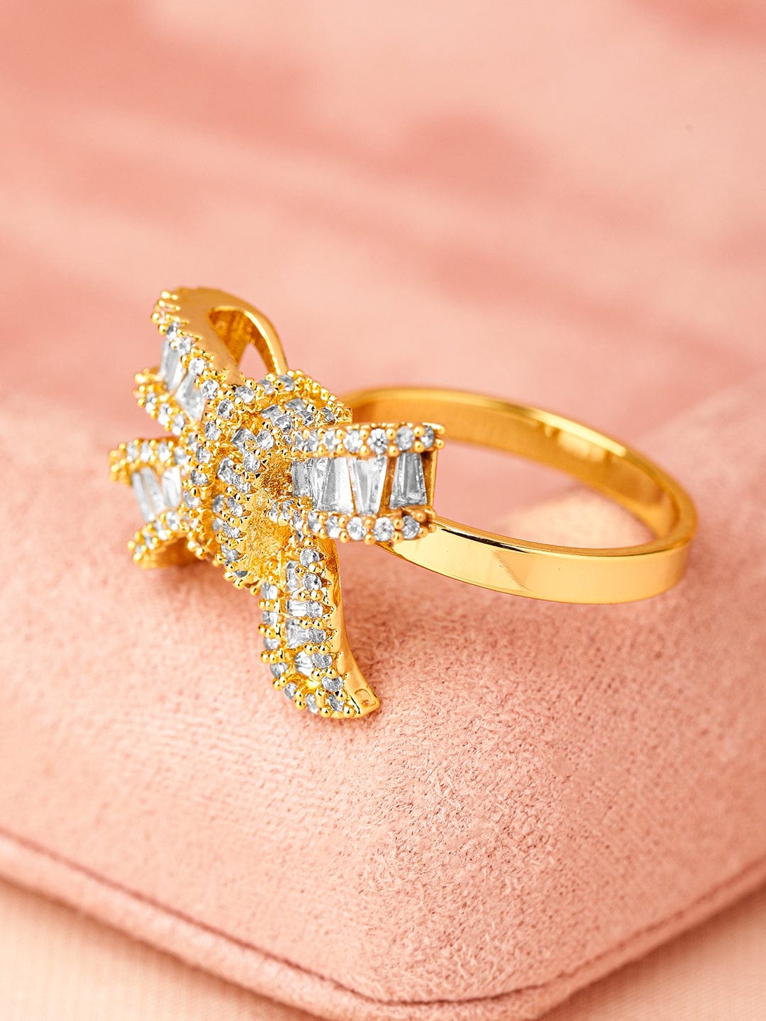 Baguette Studded Bow Ring Gold