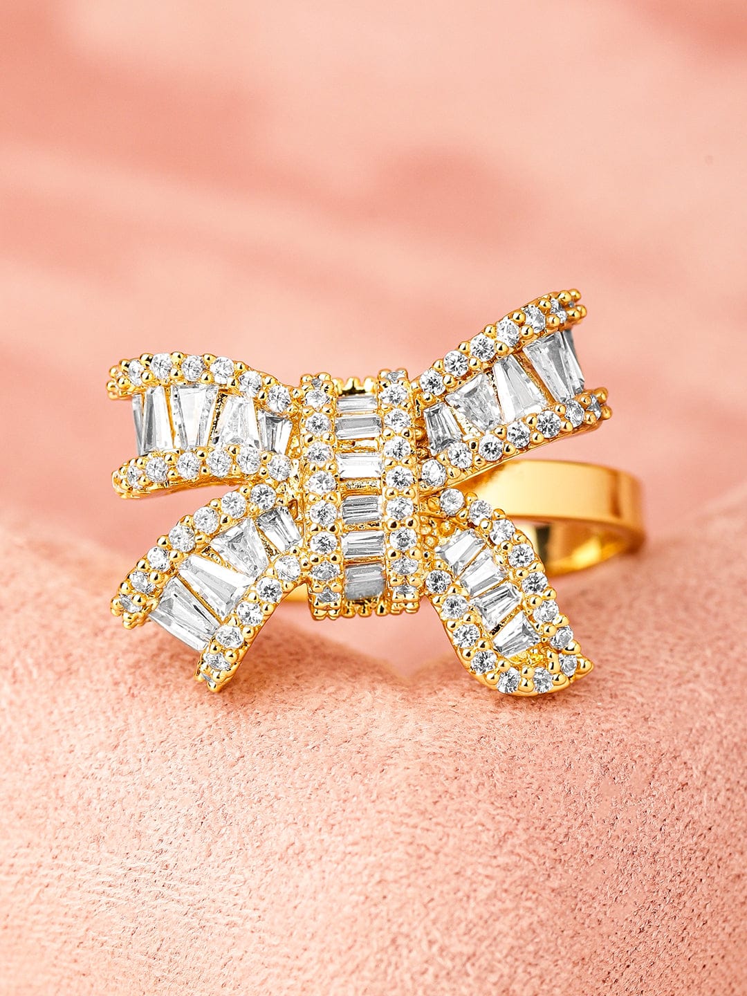 Baguette Studded Bow Ring Gold