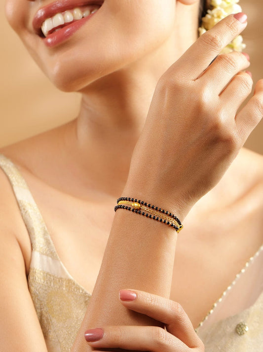 Rubans 18K Gold-Plated Black Beaded & Golden Chain Mangalsutra Bracelet for Women フリーサイズ