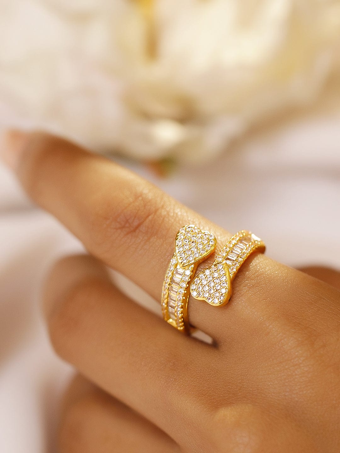 【Rubans】 18K Gold Plated Dual Heart Cubic Zirconia Adjustable Ring｜18K ゴールドメッキ ダブルハート ジルコニア リング