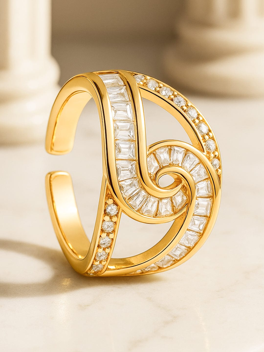 【Rubans】 18K Gold-Plated Linked Curve Design Cubic Zirconia Adjustable Finger Ring｜18K ゴールドメッキ リンクカーブ キュービックジルコニア アジャスタブルリング