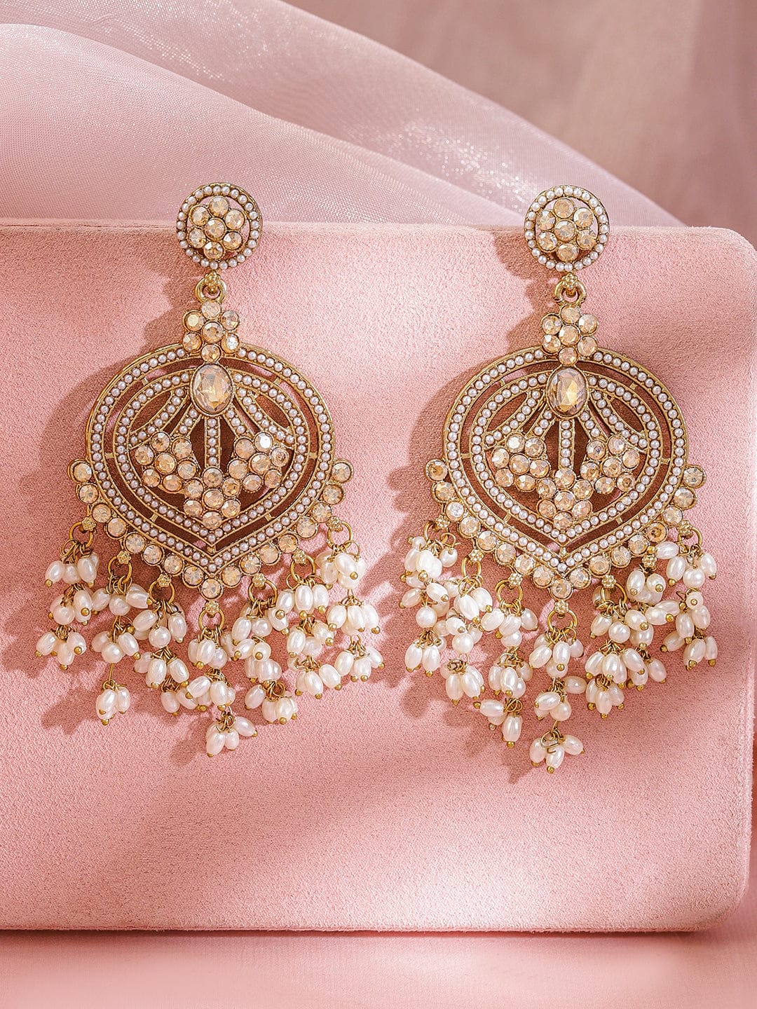 Champagne Bliss American Diamond Zirconia Pearl Danglers Gold