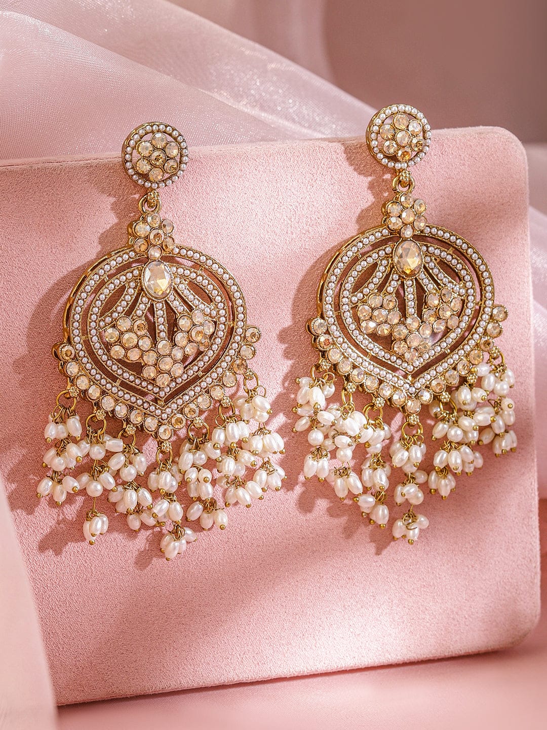 Champagne Bliss American Diamond Zirconia Pearl Danglers Gold