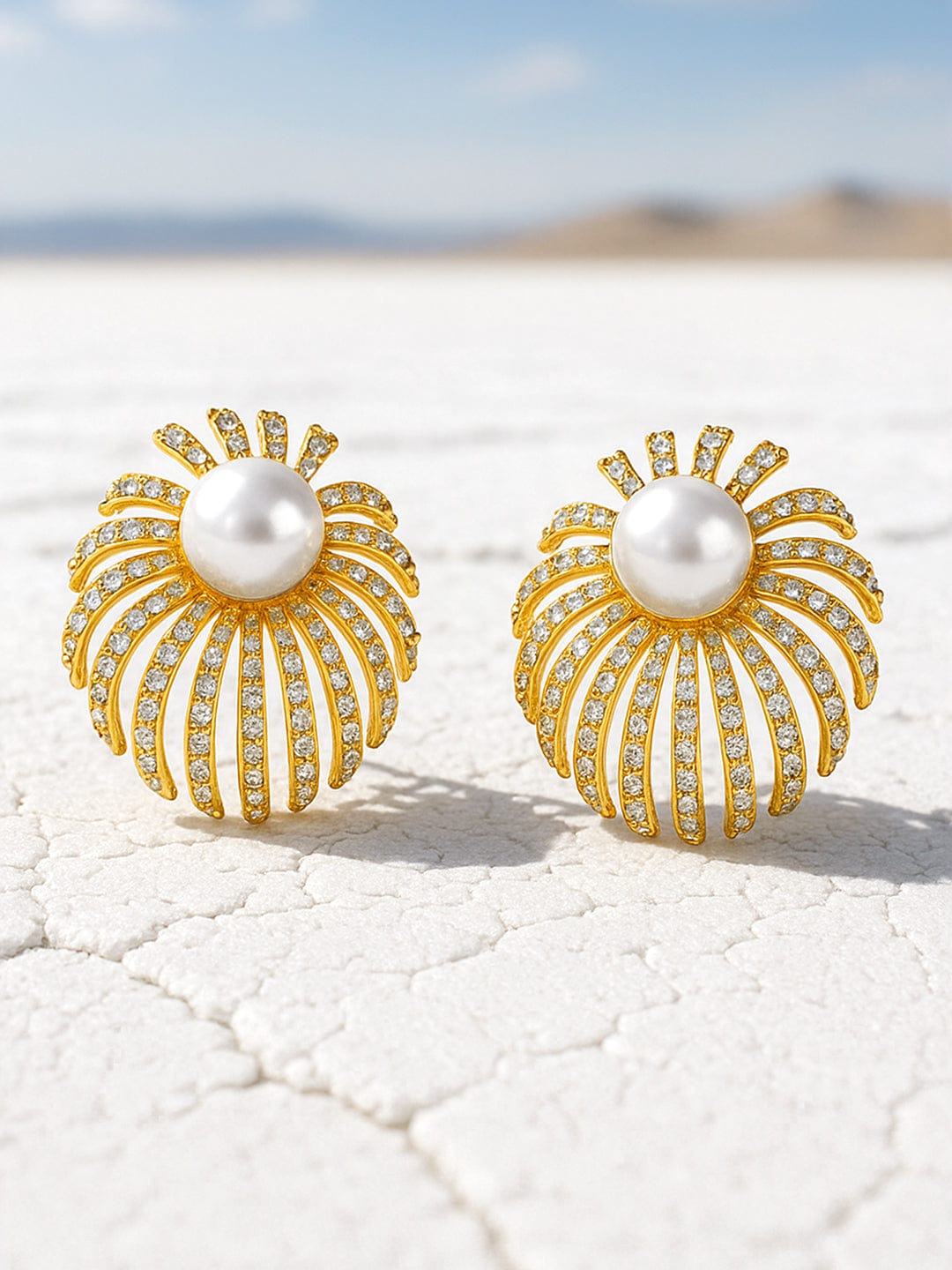 Radiant Starburst American Diamond Zirconia Pearl Studs Gold