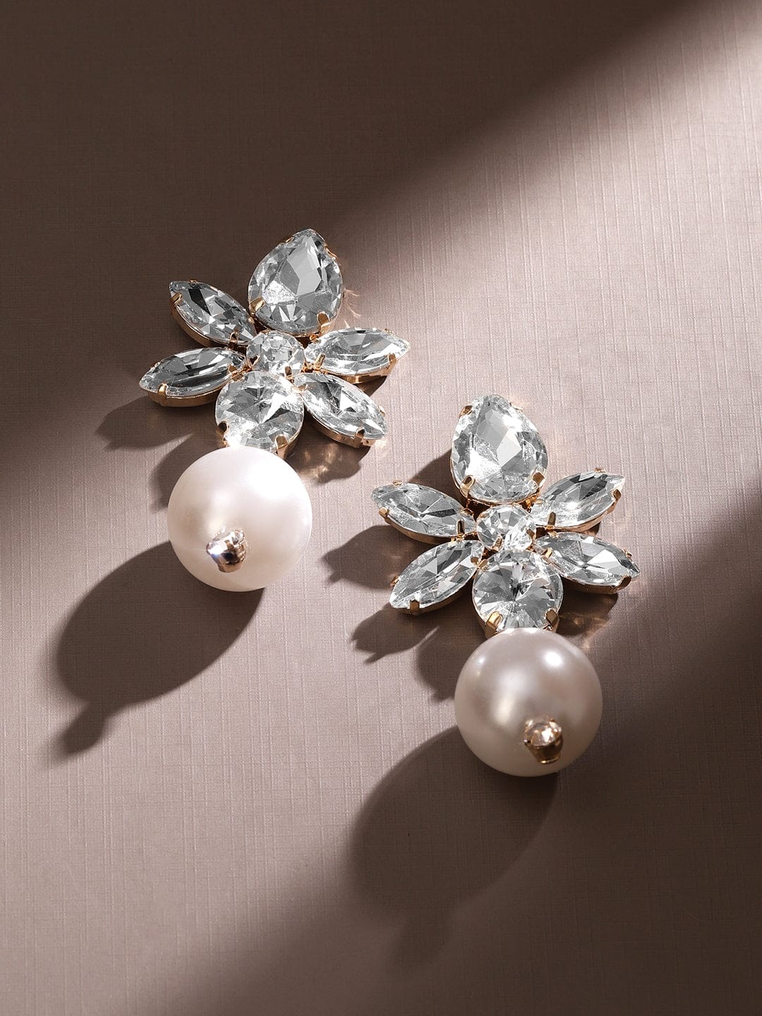 Flower Crystal Pearl Drop Earrings Gold