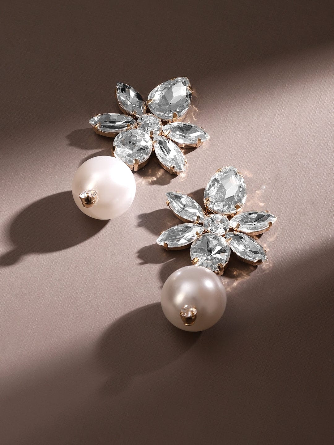 Flower Crystal Pearl Drop Earrings Gold