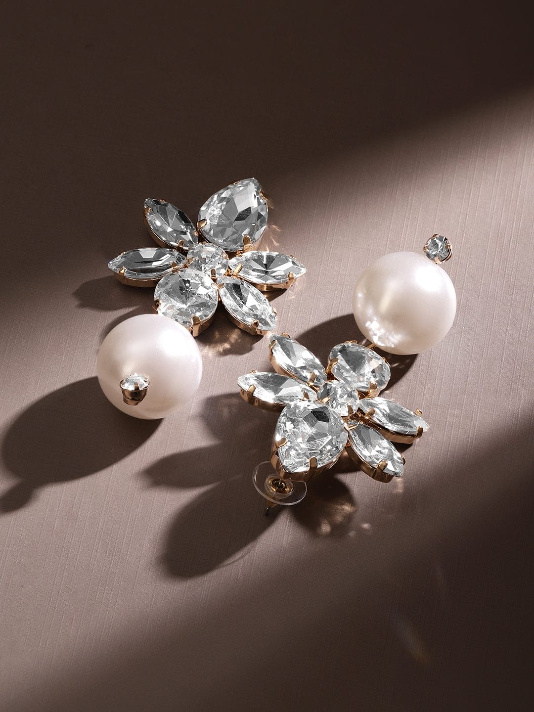 Flower Crystal Pearl Drop Earrings Gold