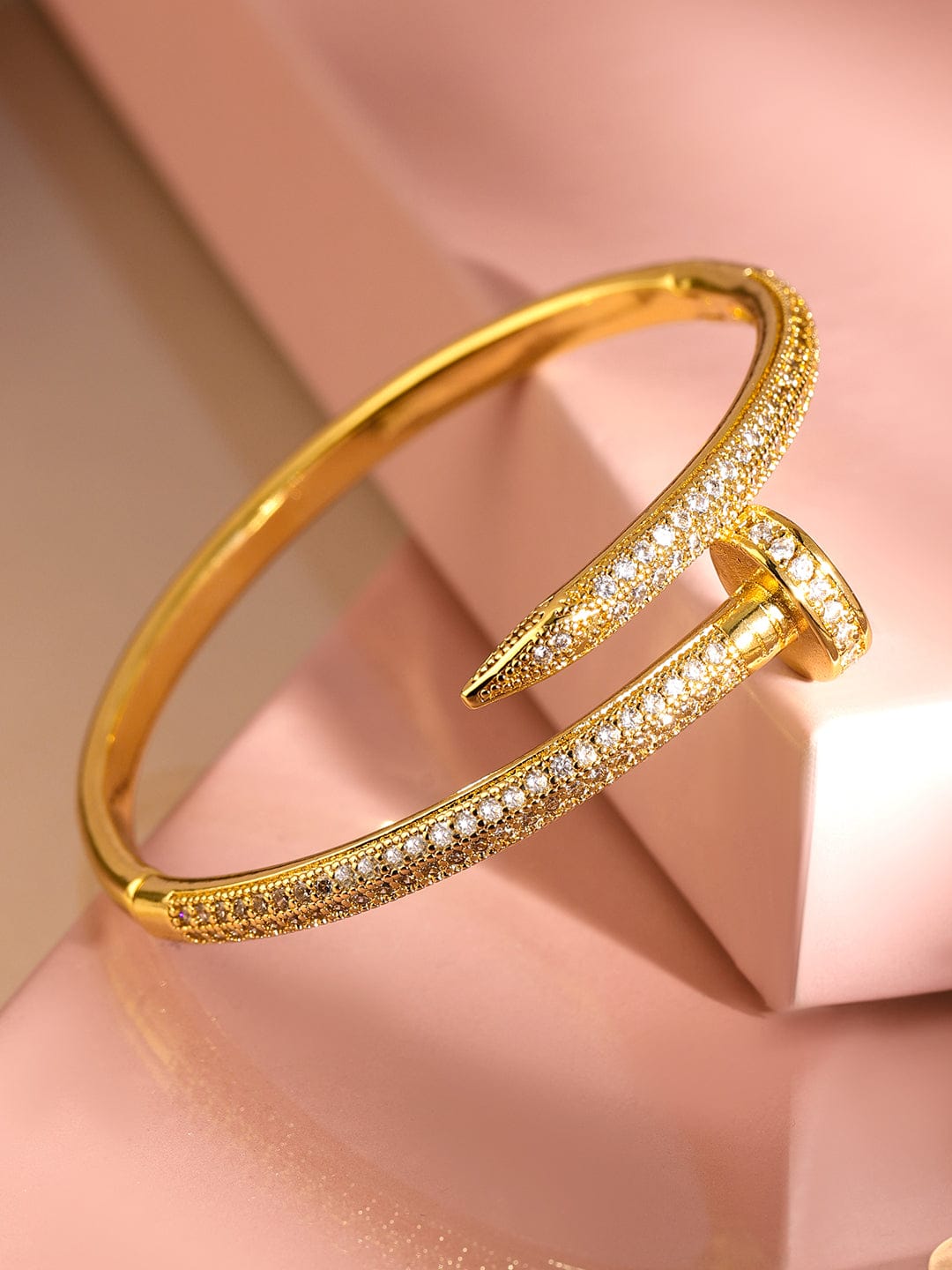 【Rubans】 18K Gold-Plated Cubic Zirconia Studded Openable Nail Design Bracelet｜18K ゴールドメッキ ジルコニア ネイルデザイン オープンブレスレット
