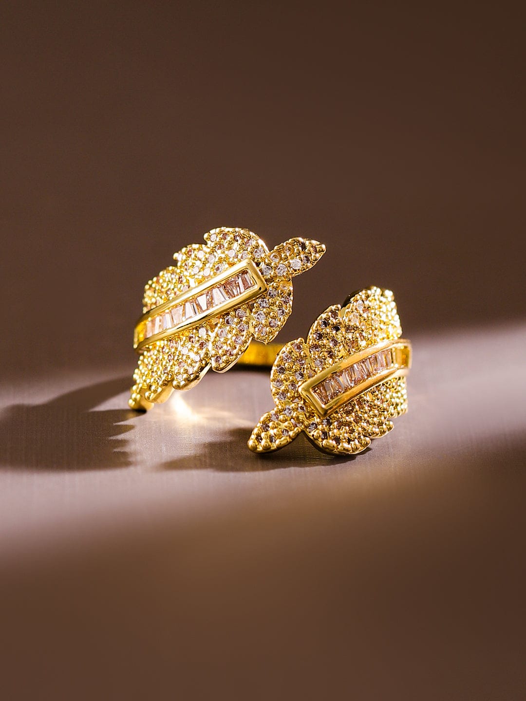 【Rubans】 18K Gold Plated Leaf Design Cubic Zirconia Adjustable Ring｜18K ゴールドメッキ リーフデザイン ジルコニア リング