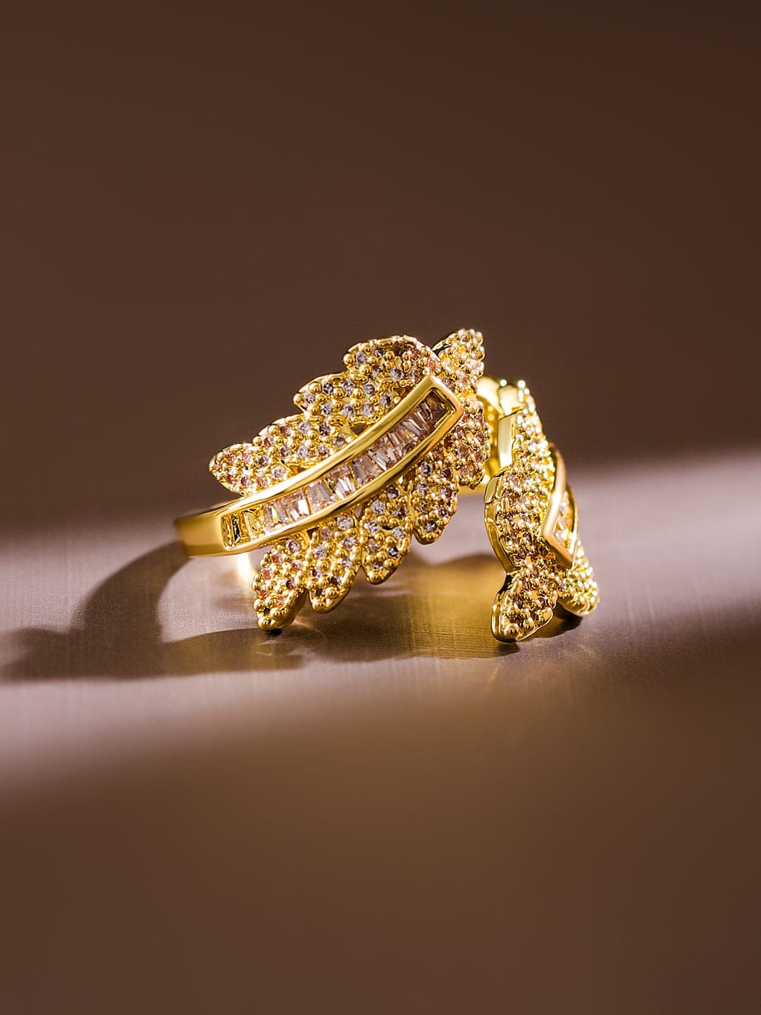 【Rubans】 18K Gold Plated Leaf Design Cubic Zirconia Adjustable Ring｜18K ゴールドメッキ リーフデザイン ジルコニア リング