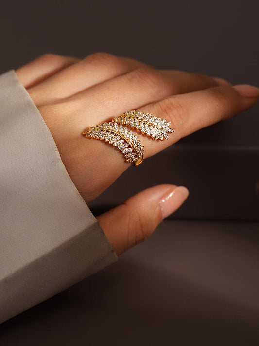 【Rubans】 American Diamond Zirconia Leaf Design Gold Ring｜18K ゴールドメッキ キュービックジルコニア リーフ アジャスタブルリング｜フリーサイズ