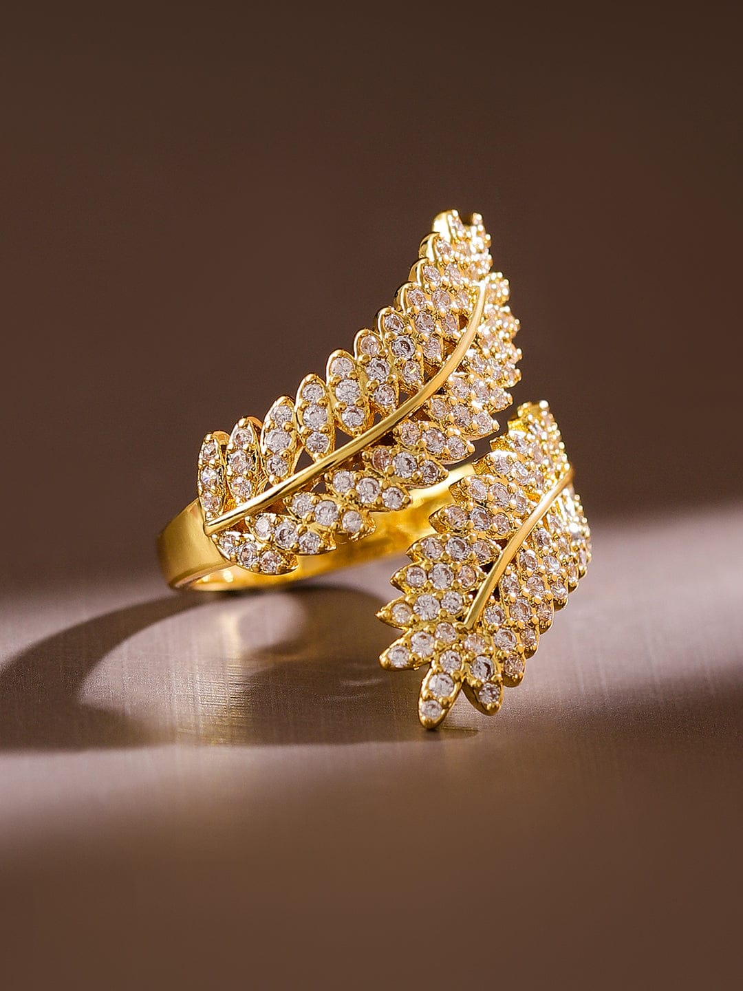 【Rubans】 American Diamond Zirconia Leaf Design Gold Ring｜18K ゴールドメッキ キュービックジルコニア リーフ アジャスタブルリング｜フリーサイズ