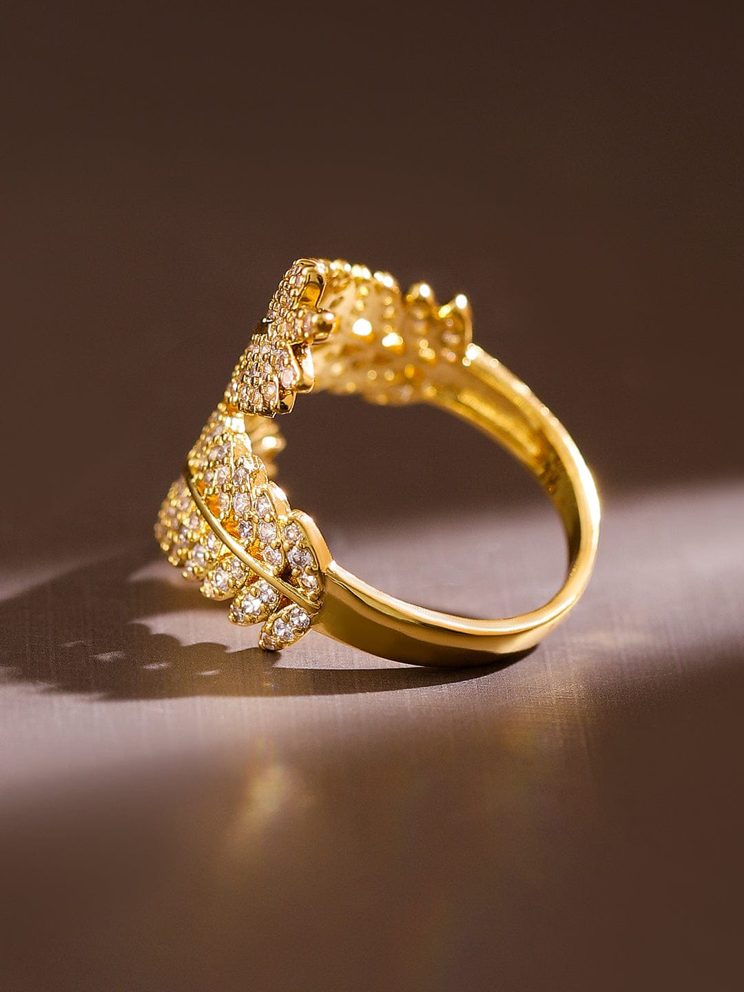 【Rubans】 American Diamond Zirconia Leaf Design Gold Ring｜18K ゴールドメッキ キュービックジルコニア リーフ アジャスタブルリング｜フリーサイズ