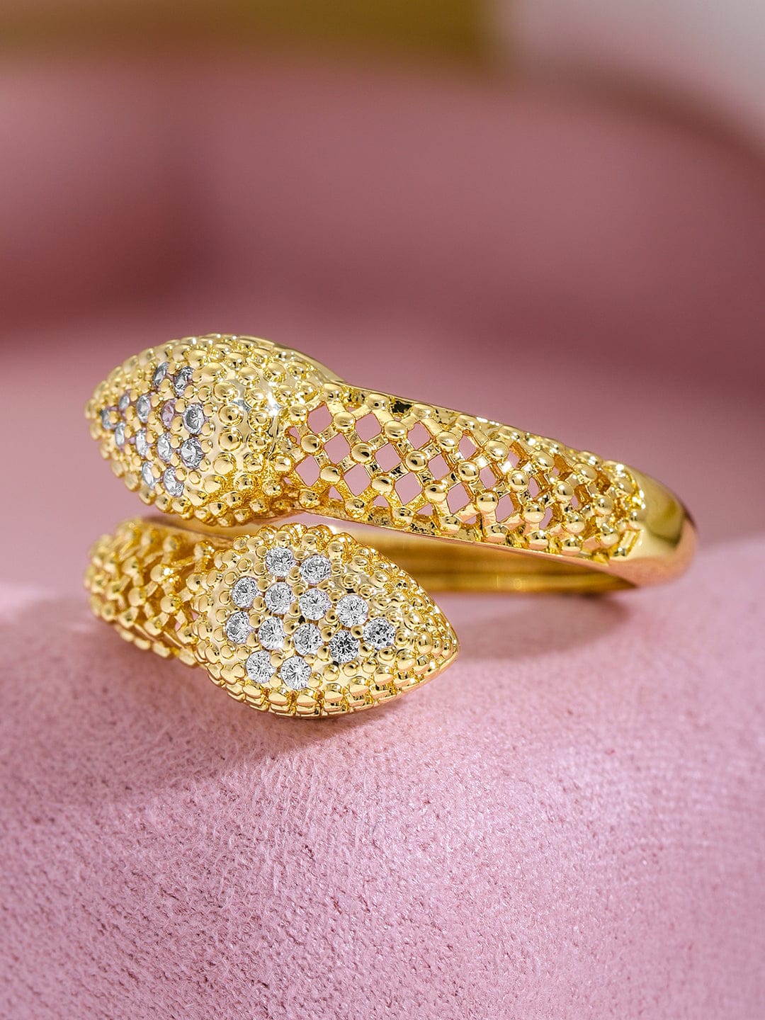 【Rubans】 18K Gold Plated Cubic Zirconia Studded Snake Design Adjustable Ring｜18Kゴールドメッキ キュービックジルコニア スネークデザイン アジャスタブルリング