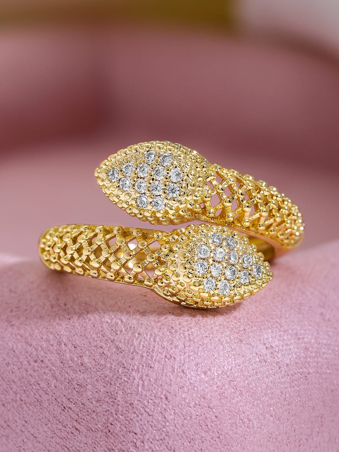 【Rubans】 18K Gold Plated Cubic Zirconia Studded Snake Design Adjustable Ring｜18Kゴールドメッキ キュービックジルコニア スネークデザイン アジャスタブルリング
