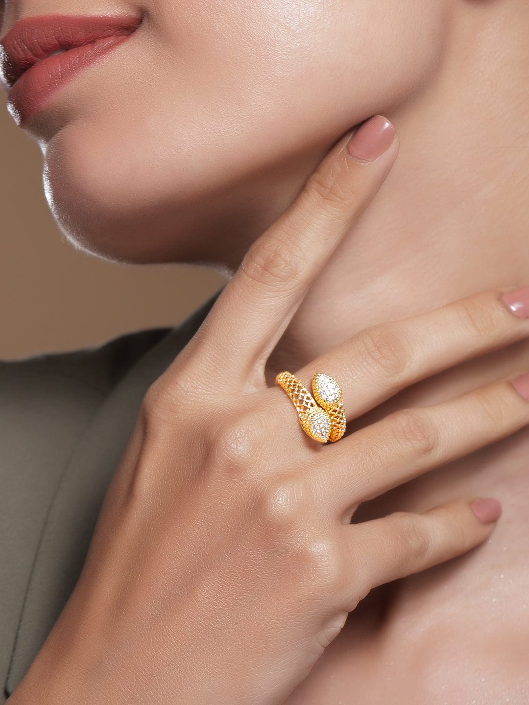 【Rubans】 18K Gold Plated Cubic Zirconia Studded Snake Design Adjustable Ring｜18Kゴールドメッキ キュービックジルコニア スネークデザイン アジャスタブルリング