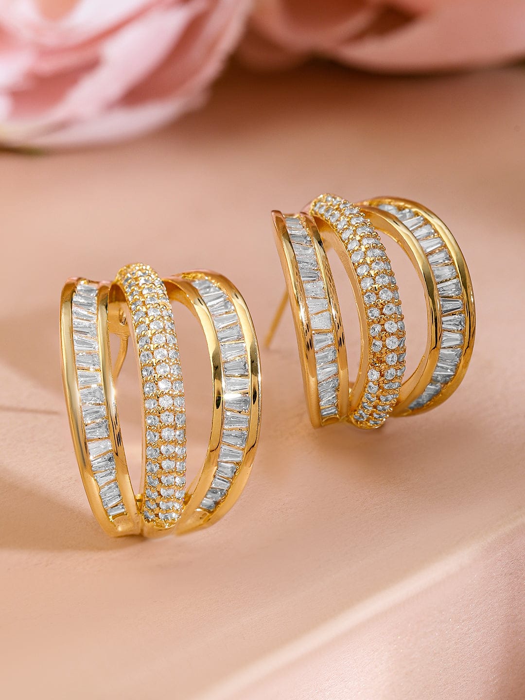 Minimalist Chic Triple-Band American Diamond Zirconia Studs Gold