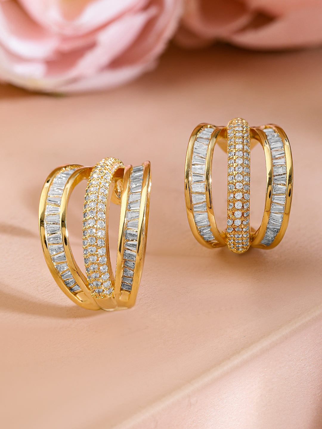 Minimalist Chic Triple-Band American Diamond Zirconia Studs Gold