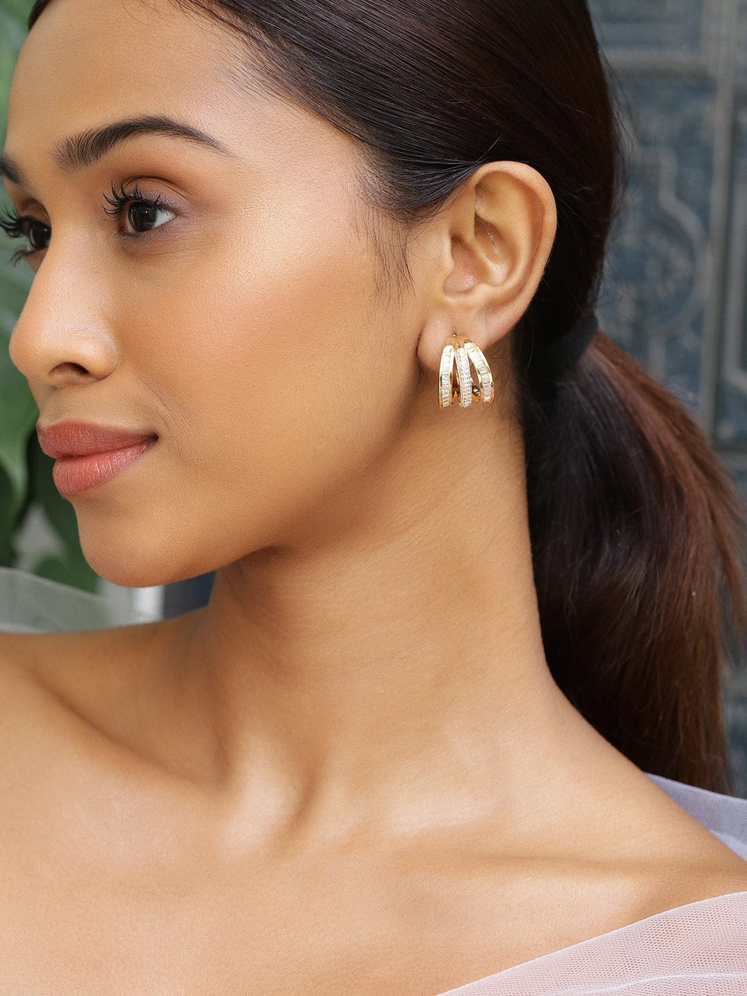 Minimalist Chic Triple-Band American Diamond Zirconia Studs Gold