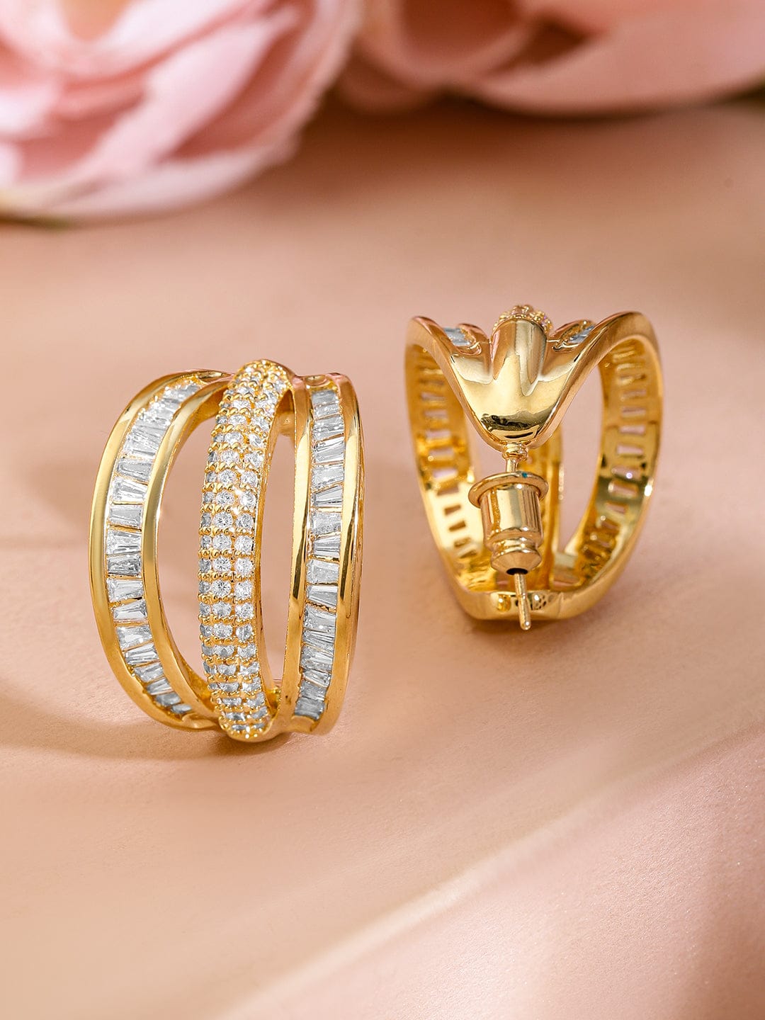 Minimalist Chic Triple-Band American Diamond Zirconia Studs Gold