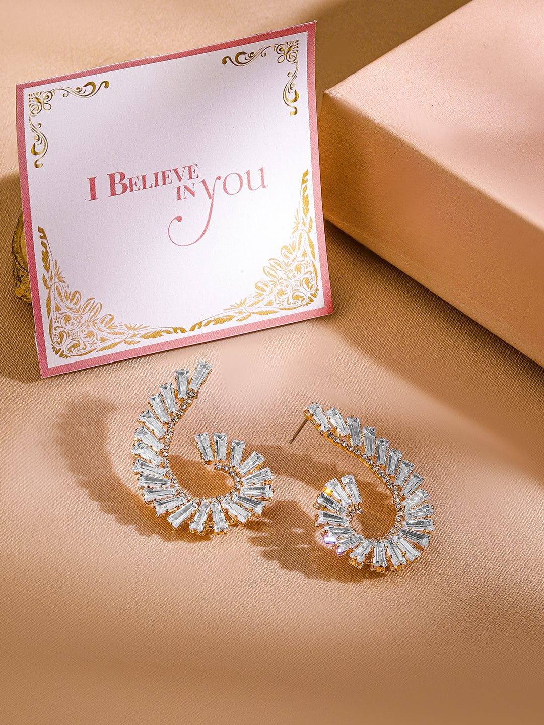 Trendy Geo Curves Crystal Stud Earrings Gold