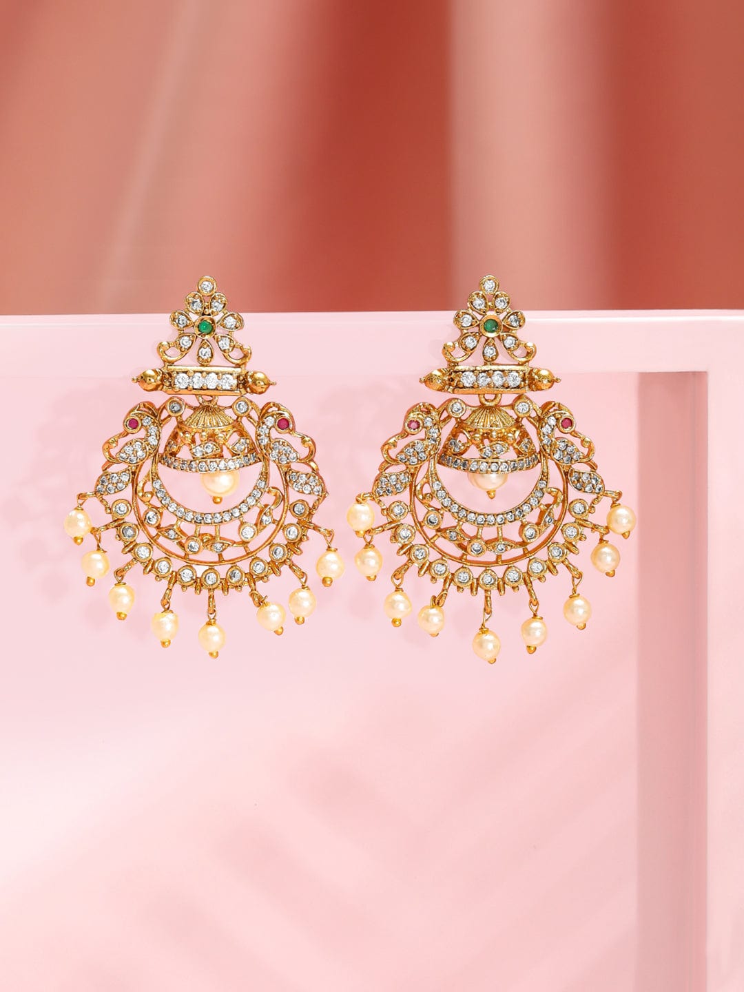 Golden Heritage American Diamond Chandbali  Pearls Gold Green