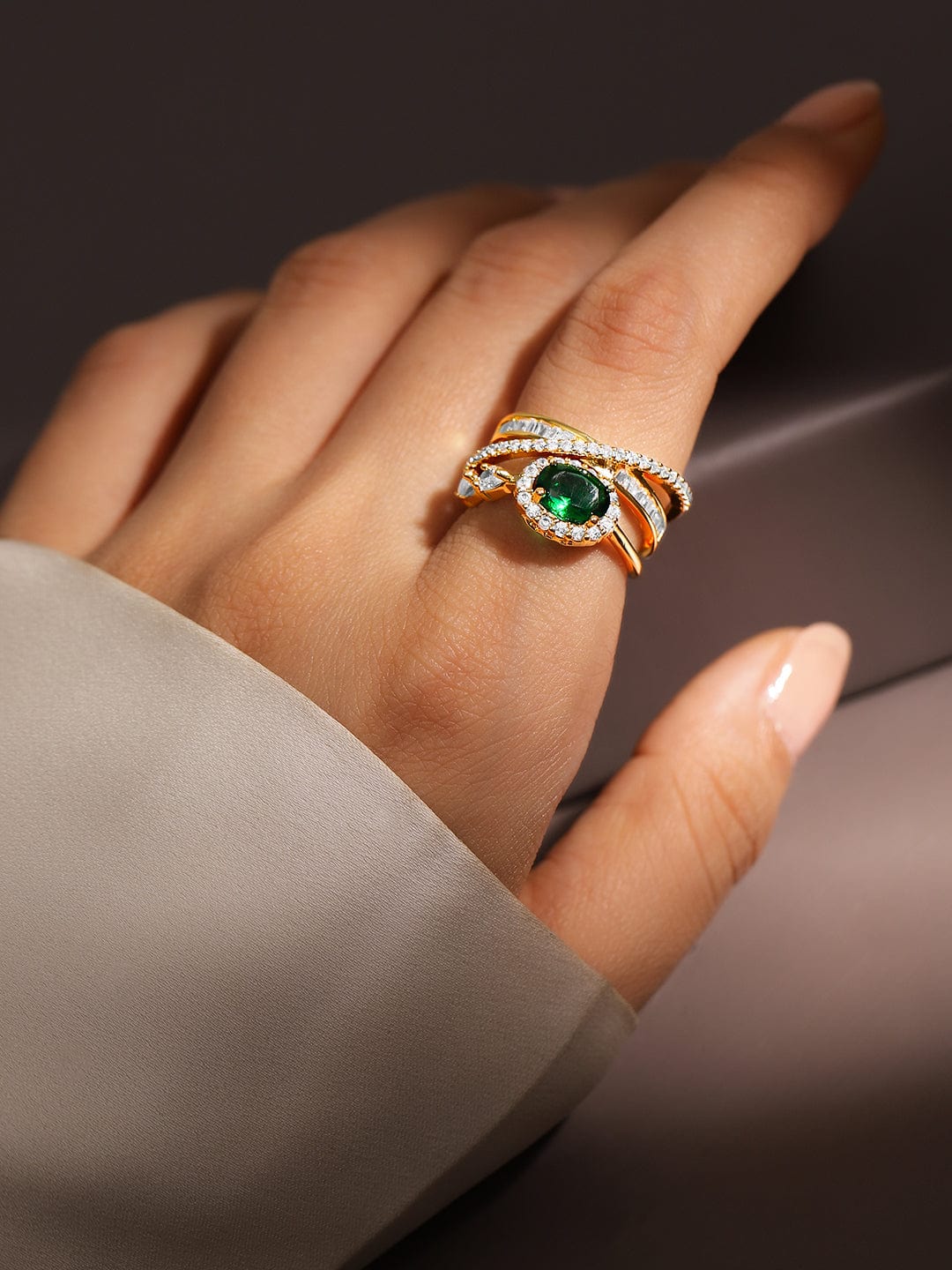 Green American Diamond Zirconia Gold Toned Ring Green