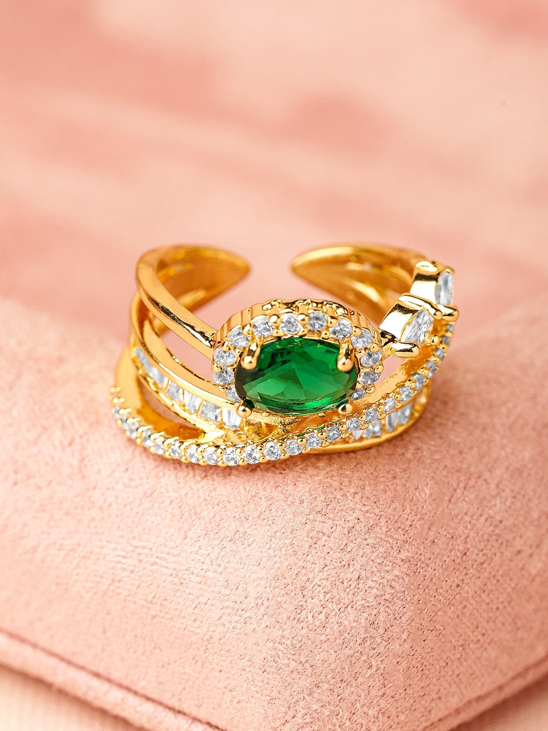 Green American Diamond Zirconia Gold Toned Ring Green