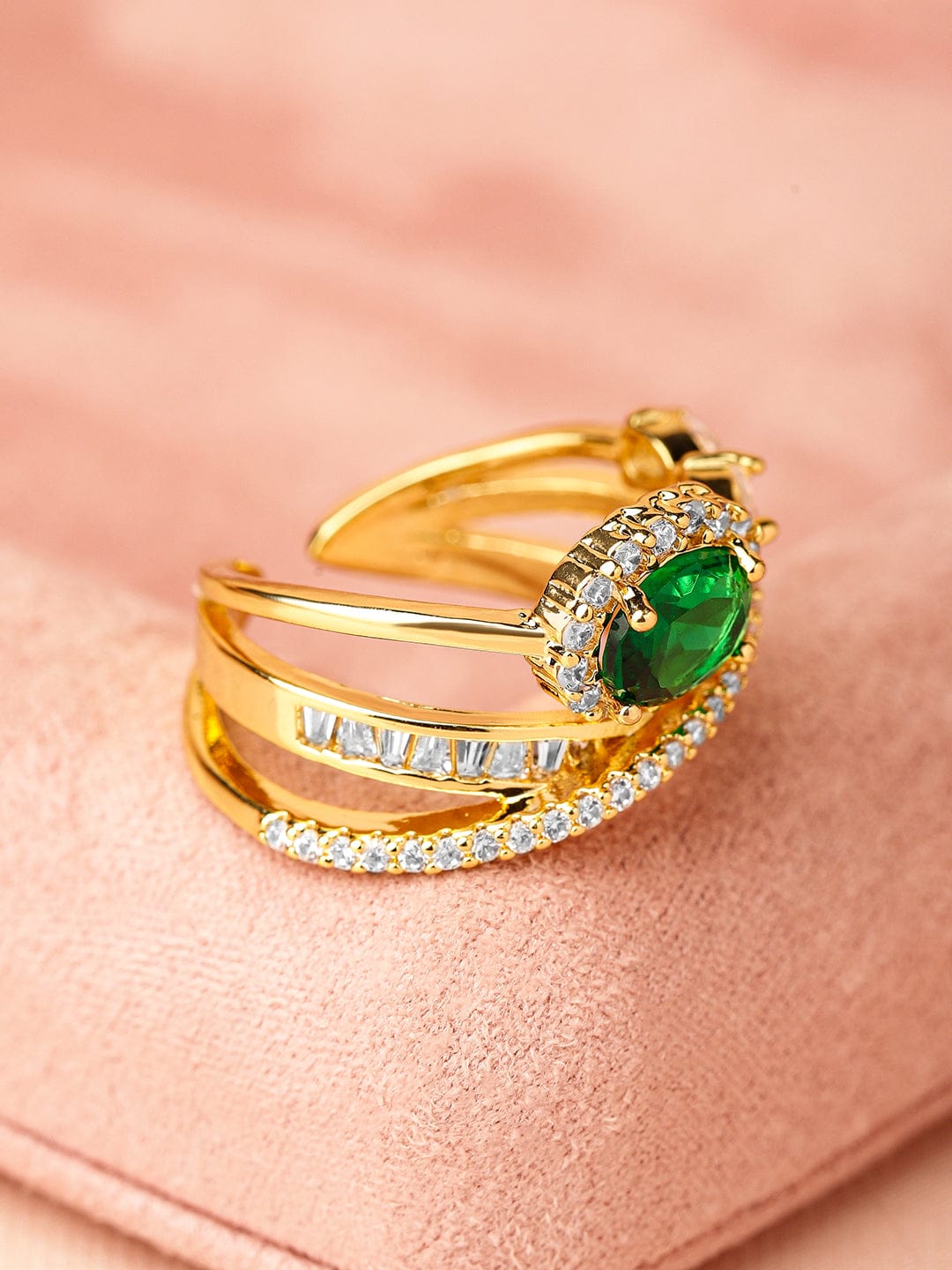Green American Diamond Zirconia Gold Toned Ring Green