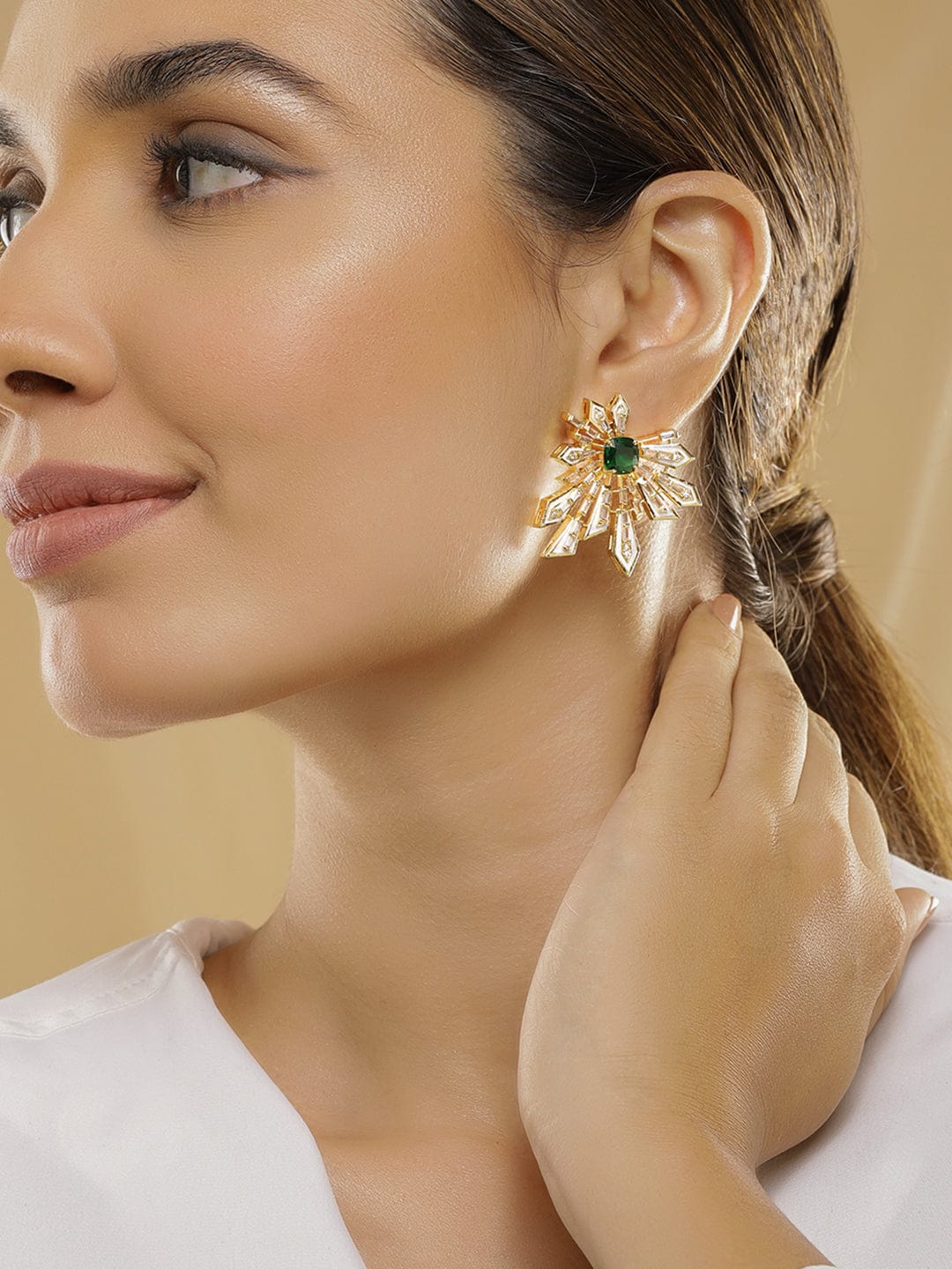 Floral Geometry Green & White Statement Studs Gold