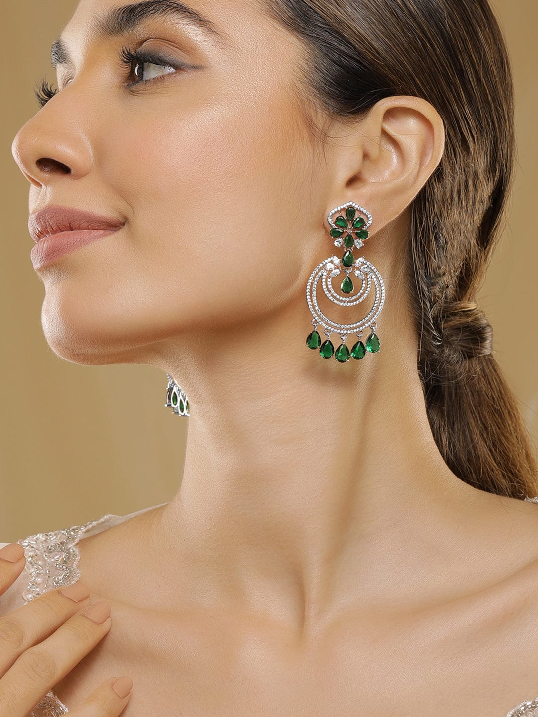 American Diamond Zirconia Green Dangler Earrings Gold