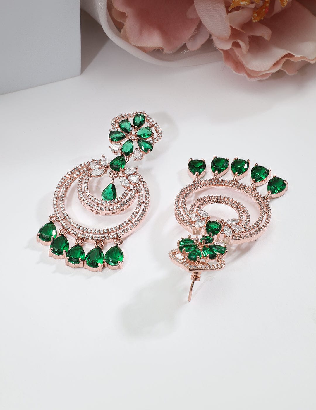 American Diamond Zirconia Green Dangler Earrings Gold