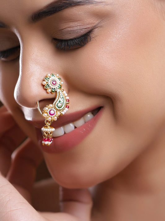 Rubans 18K Gold-Plated Floral Enamelled Green & Ruby Pink Stone Studded Nath Nose Pin with Pearl Detailing フリーサイズ