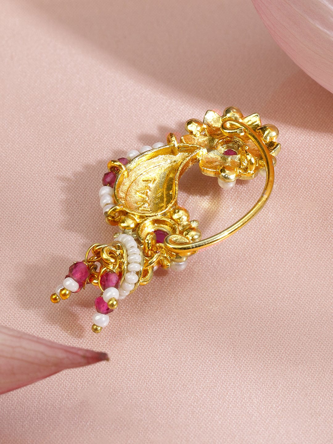 Rubans 18K Gold-Plated Floral Enamelled Green & Ruby Pink Stone Studded Nath Nose Pin with Pearl Detailing フリーサイズ