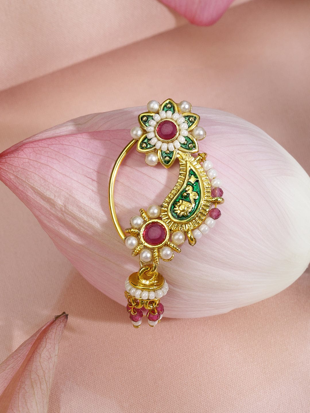 Rubans 18K Gold-Plated Floral Enamelled Green & Ruby Pink Stone Studded Nath Nose Pin with Pearl Detailing フリーサイズ