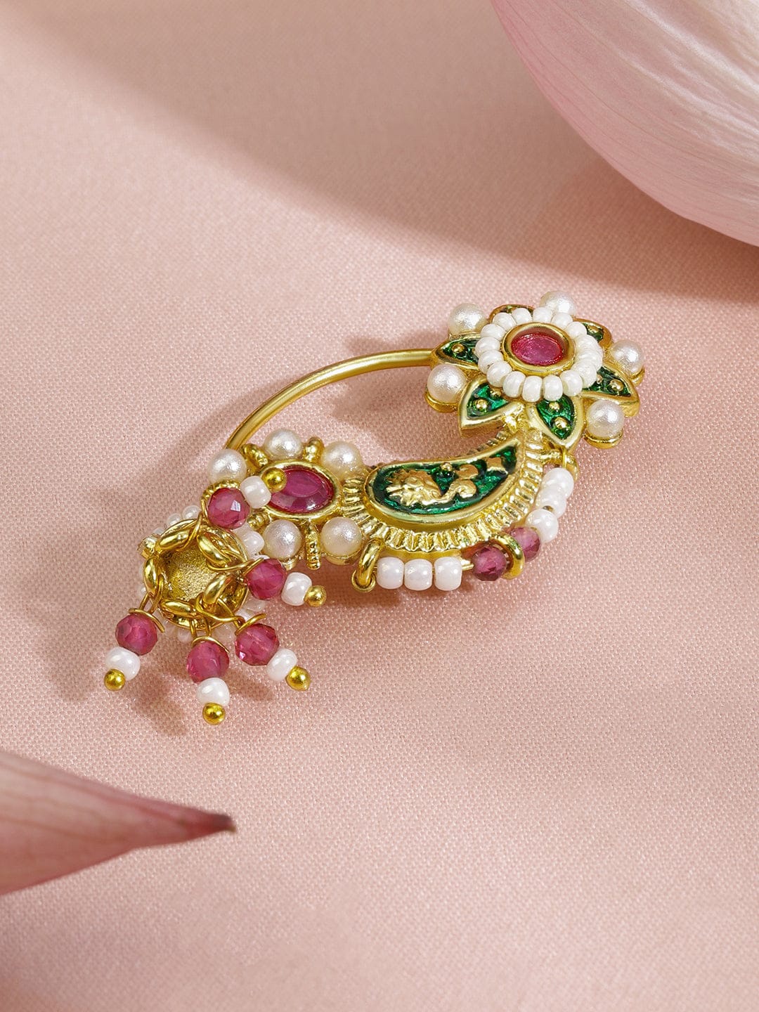 Rubans 18K Gold-Plated Floral Enamelled Green & Ruby Pink Stone Studded Nath Nose Pin with Pearl Detailing フリーサイズ