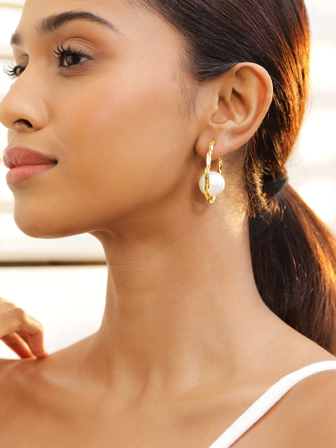 Sleek Golden Twist Pearl Hoops Gold