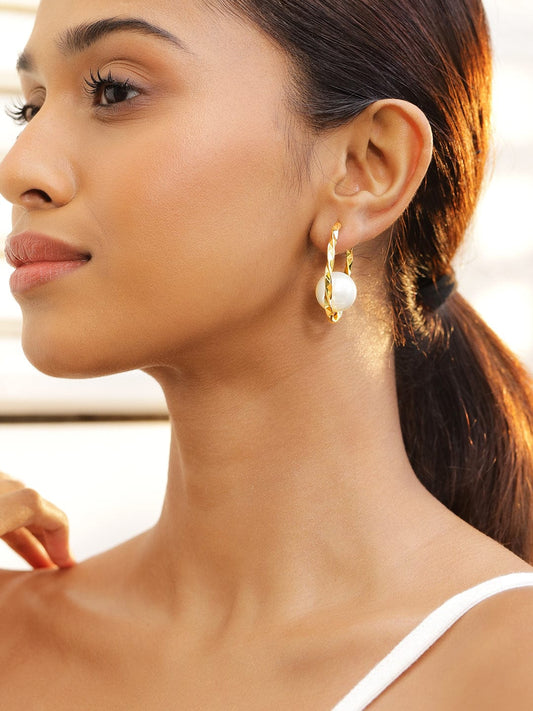 Sleek Golden Twist Pearl Hoops Gold