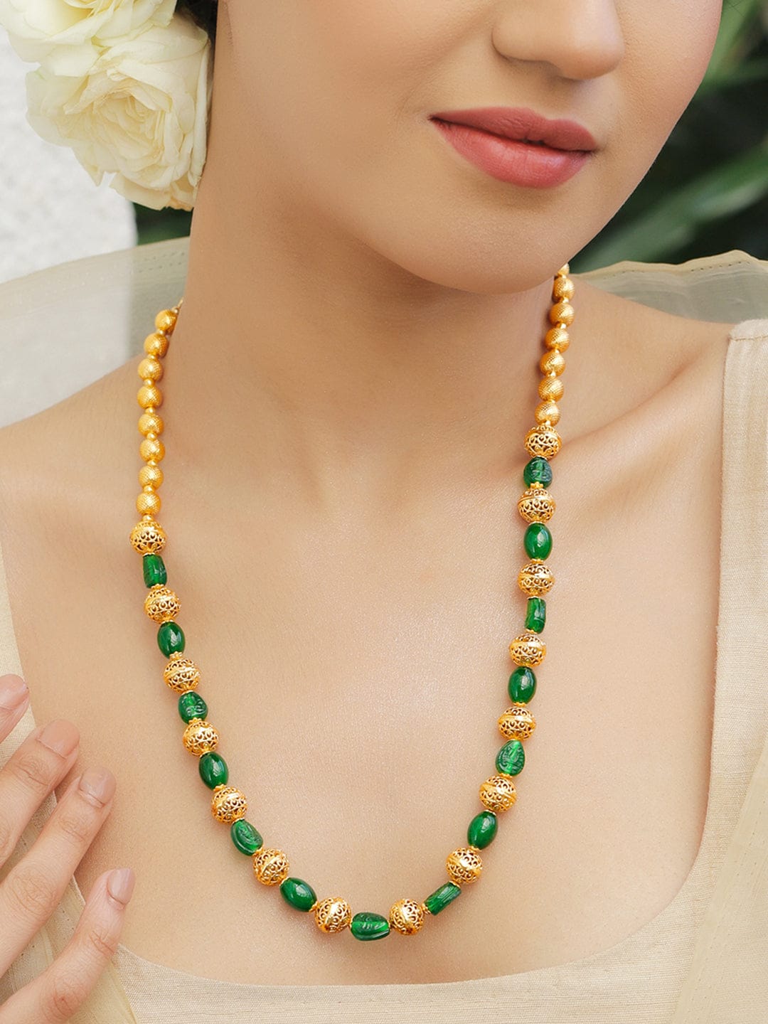 Green & Gold Beaded Necklace フリーサイズ