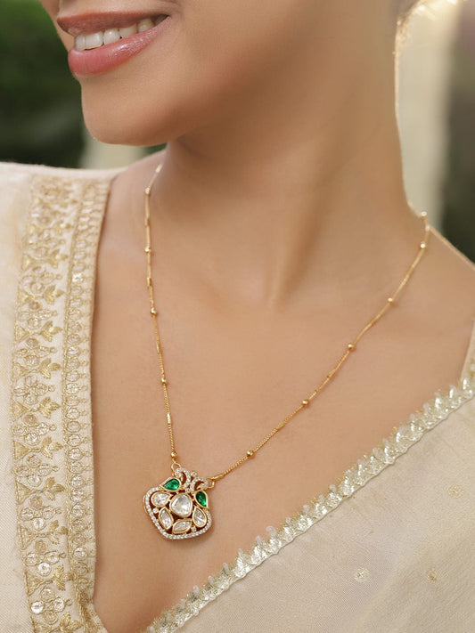 Captivating Green Kundan & American Diamond Zirconia Pendant Necklace フリーサイズ