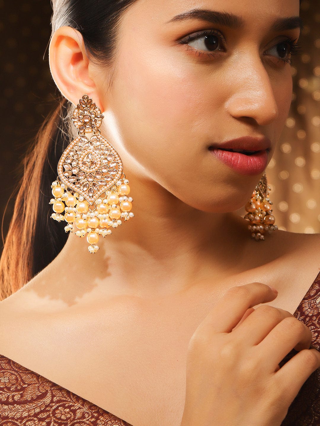 Rubans 18K Gold-Plated Kundan & Glossy Cream Pearl Beaded Handcrafted Long Chandelier Earrings Gold