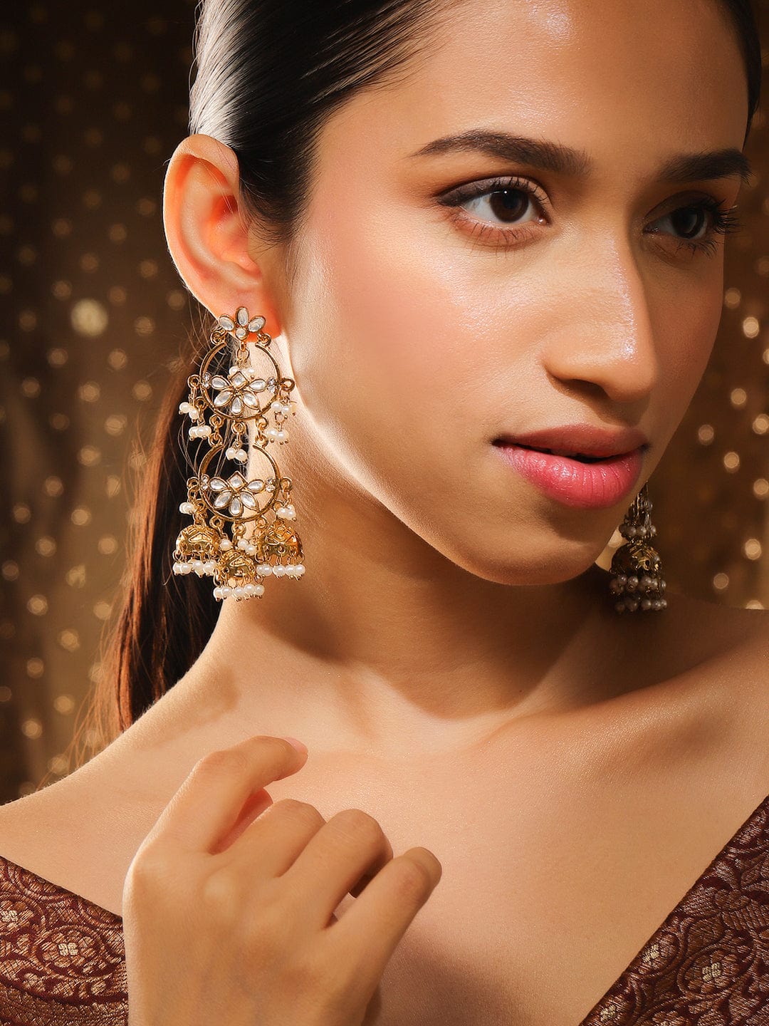 Rubans 18K Gold-Plated Kundan Studded Handcrafted Earrings with Pearl Beads and Jhumka Drops Gold
